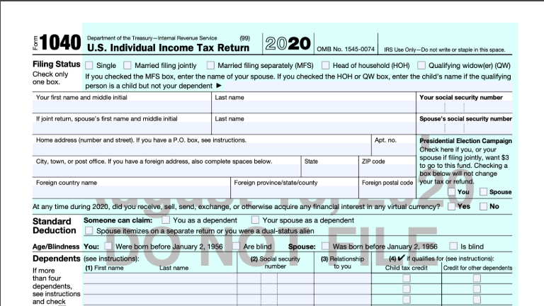 A draft of the new IRS Form 1040 for tax year 2020